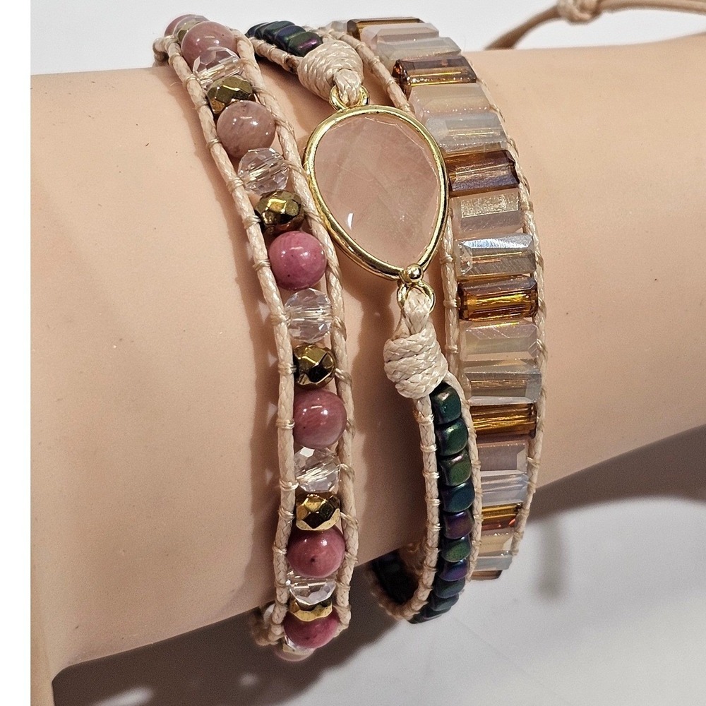 Free‎ Spirit Rose Quartz Rhodonite Wrap Bracelet Womens Pink Gold Tone Boho Bead